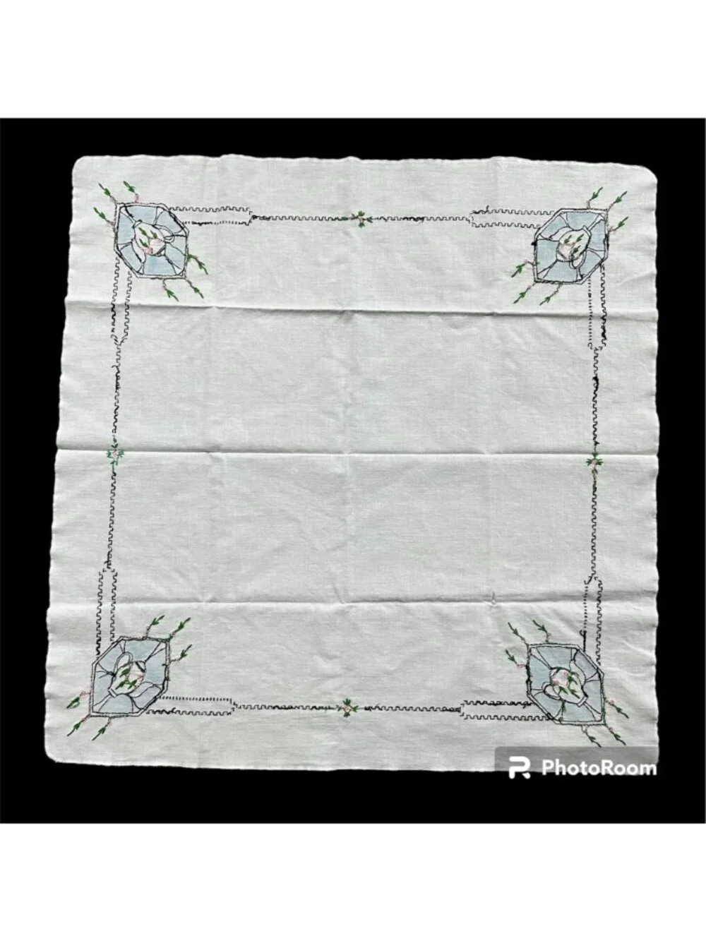 Vintage Tablecloth Napkins Set Handmade Embroidery Pink Flowers Art Deco Style